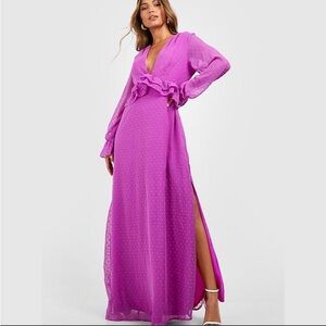 Vibrant Fuchsia Maxi Dress with Ruffle Waist and Side Slit - Size 6